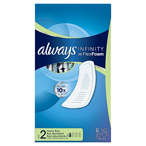 Always Infinity Size 2 Feminine Pads without Wings, Super Absorbency, Unscented, 32 Count (Packaging May Vary)