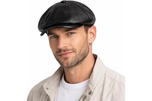 Black Genuine Leather Flat Cap for Men – Cabbie Driver Ascot Hat, Sheepskin Newsboy Cap, Retro Gatsby Vintage Style