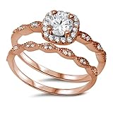 Blue Apple Co. Vintage Halo 2 Piece Wedding Ring Round Cubic Zirconia Rose Tone Plated 925 Sterling Silver