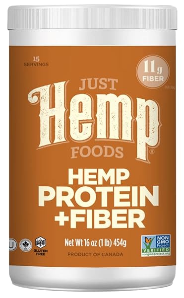 JUST HEMP FOODS HEMP PROTEIN POWDER PLUS FIBER, NON-GMO VERIFIED WITH 11G OF PROTEIN & 11G OF FIBER PER SERVING, 16 OZ – PACKAGING MAY VARY