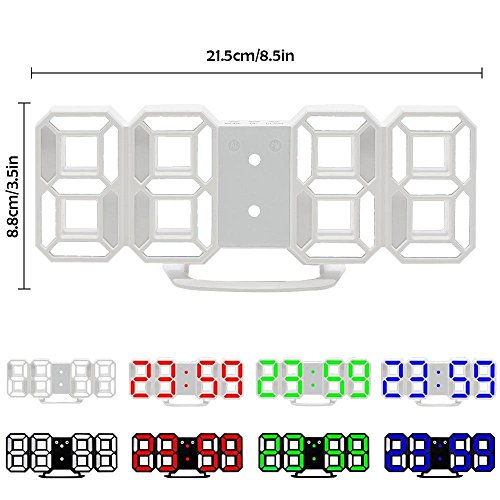 LED Digital Alarm Clock For Desk / Shelf / Tabletop, Modern Home Decoration 3D Wall Clock, Easy To Read at Night, Loud Alarm and Snooze, Big Digit Display (White Frame, Blue Light) - Thumbnail 3