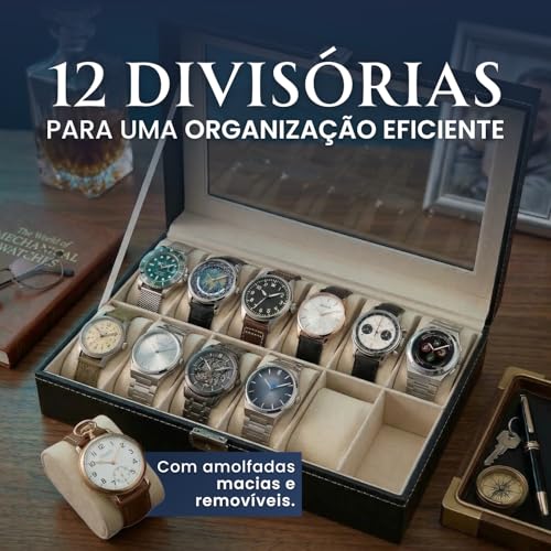 Porta-Relógios Luxo em Couro Sintético, 12 Compartimentos, com Visor Acrílico Transparente, Almofadas Removíveis, 30x20x7 cm