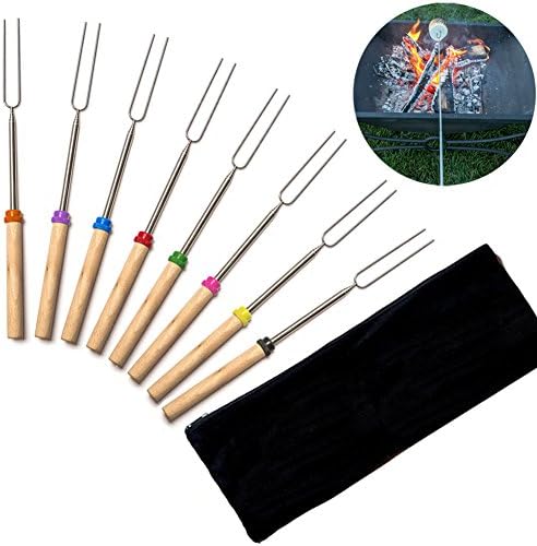 Extending Marshmallow Roasting Sticks - 8 Set - 32 Inch, Telescoping Stainless Steel Smores Skewers, Hotdog Forks, Barbecue forks