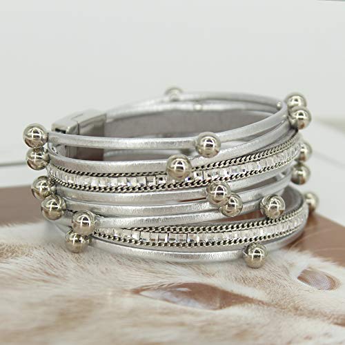 FANCY SHINY Bead Leather Bracelet Boho Wrap Bracelet Layered Rhinestone Cuff Bracelet with Magnetic Clasp,7.5"(Silver)