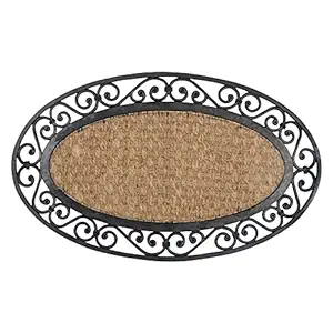 HOKIPO Natural Rubber Coir Oval Doormat with Designer Border, Anti-Slip Rubber Backing, 45x75 cm (IN-502)