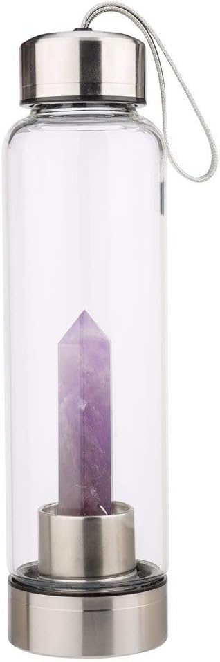 LRWEY 500ml Glass Water Bottle Reusable gem Glass Water Bottle with a Chamber of Amethyst and Rock Crystal Gemstones at its core | Lead Free Glass |with a Wide Open Neck and Screw top lid