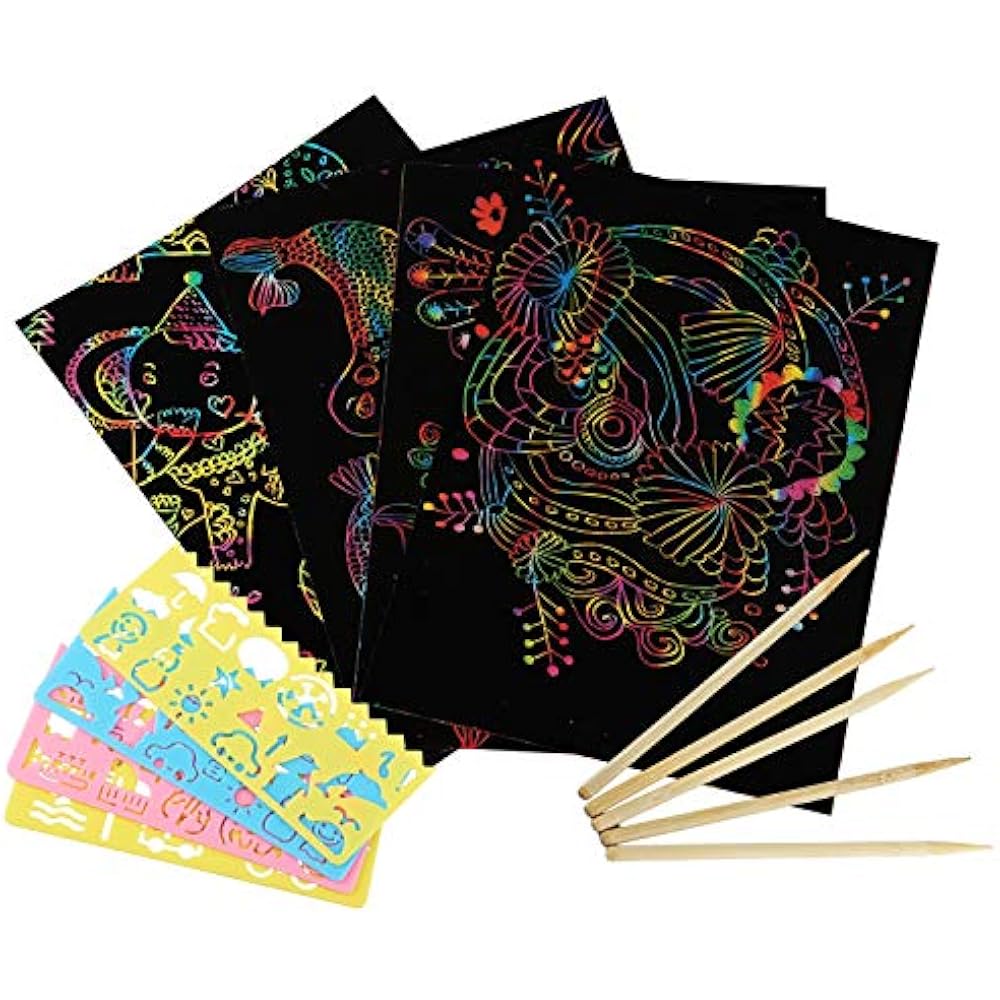 Scratch Art Set Arts And Crafts Kids,50 Piece Rainbow Paper With 4