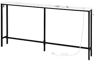 SUCRSIXBRO Console Table with Charging Station, 70.9" Narrow Sofa Table, Entryway Table with Outlets and USB Ports and Type-C output,Easy Assembly,Living Room, Bedroom,Marble+Black