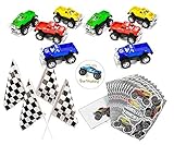 Monster Truck Party Favors for 12 - Pull-Back Trucks 3 Inch (12), Monster Truck Stickers (12 Sheets), Checkered Flags (24), and a Happy Birthday Sticker (Total 49 pieces)