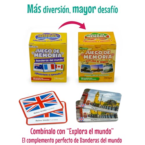 Menique. Juego de Memoria de Banderas del Mundo. 50 Pares de países. Bandera, país y Capital