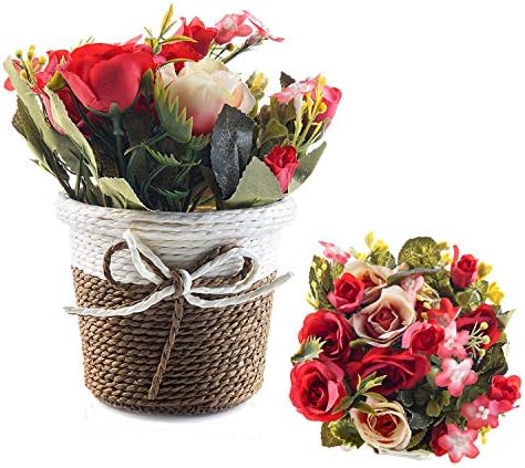 CountryGrass Artificial Plant Fake Chrysanthemum Come with Flower Basket Real Touch Artificial Flower for Indoor Outdoor Home Office Decoration (Dark Pink Rose)