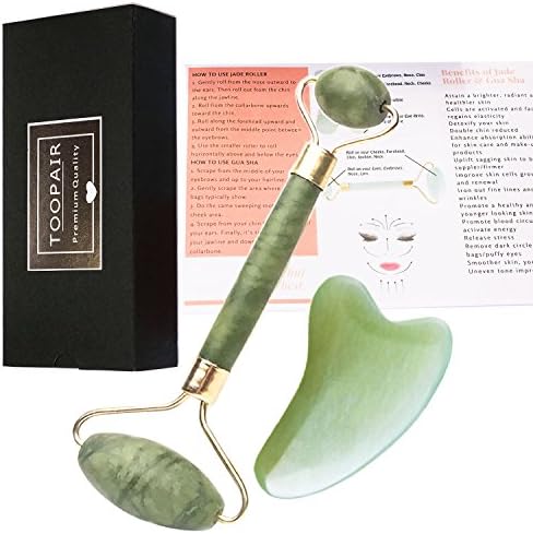 Jade Roller and Heart-shape Gua Sha Beauty Tool Set by TOOPAIR – Face, Eyes, Neck and Body Massager – Premium 100% Real Jade Stone for Massaging, Scraping – Anti Aging Facial Skin Care Kit