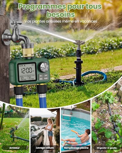 2 Way Water Timer with Brass Input and Outlet, Large LCD Display, Automatic Watering for Garden, Programmable Irrigation, Simple Use, Rain Delay Manual Watering