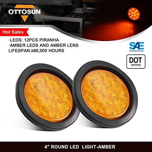 4'' Round 12-LED Tail Light OTTOSUN Multi-function Amber LEDs with PC Lens Truck Trailer Brake Stop Turn Marker Flush Mount Back-Up Low Profile Light for RV Boat Trailer DOT &amp; SAE Approved