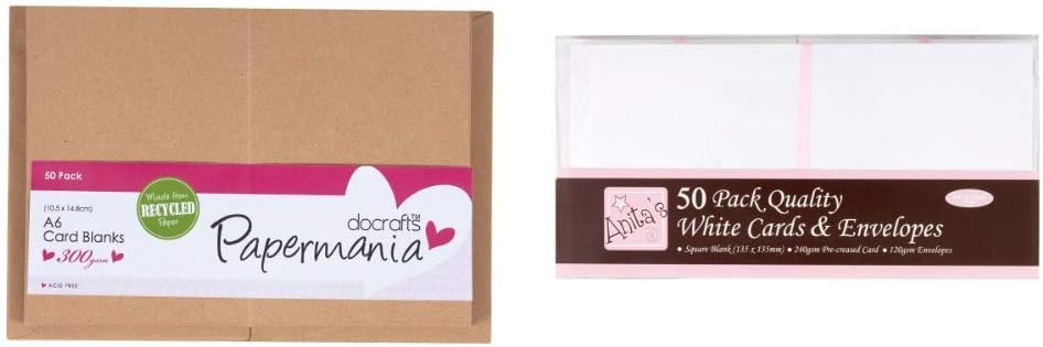 Papermania A6 Recycled Kraft Blank Card and Envelope, Pack of 50 &Anita's Square Card and Envelope, Pack of 50, White