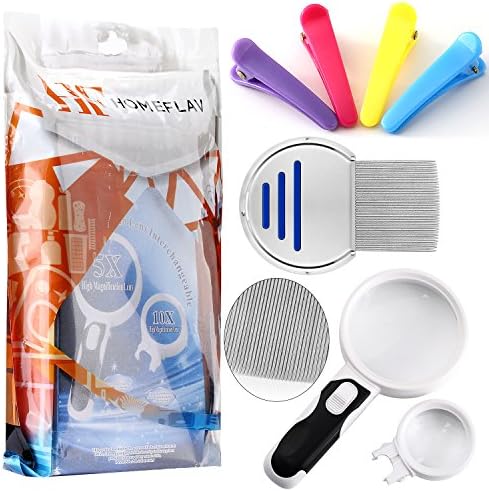 Lice Remover Kit - 5x / 10x Magnifying Glass with LED Detector Light (1) + 1.5" Kids Hair Pins (4) + Nit Comb Removal Tool (1)