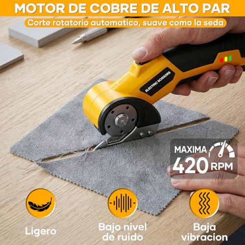 Kayoosi Tijeras Eléctricas Inalámbricas Recargables con 3 Cuchillas de Recambio, Tijeras para Tela con Interruptor de Seguridad, Cortador de Carton, Aptas para Plástico, Cuero, Textiles, Cartón.