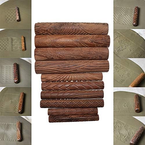 Pottery Tools - Wood Texture Roll Pin for Clay Emboss Pressed Print Chinese Luck Cloud Wave Pattern Polymer Clay Ceramic Pottery Tools 10pcs/Set