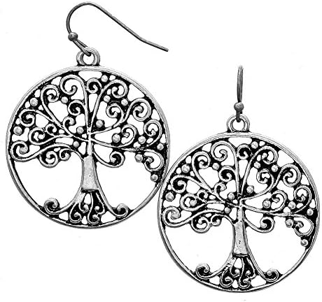 Silver Tone Round Tree of Life Filigree Pierced Dangle Earrings with Fish Hook