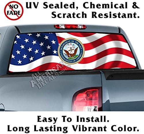 All American Decals - Non-Lam US NAVY Seal With Wavy American Flag Back Window Graphic Decal Sticker Car Truck SUV Van - Non-Laminated - 65x22