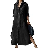 chouyatou Women's Spring Button Down Cotton Shirt Dress Summer Flowy Side Slit Maxi Shift Dress