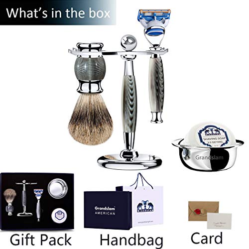 Luxury Shaving Gift Set Safety Razor Shaving Brush Stand for Men Grooming Set for Father's Day/Business Gift/Boyfriend/Husband Grandslam, Grey