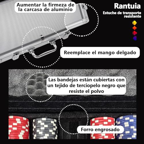 Rantuia Fichas Poker, Juego de Póquer de 300 Piezas, 5 Dados, 2 Barajas de Cartas Viene con Estuche de Transporte de Aluminio, Fichas de Poker Apto para Adultos y Niños a Partir de 8 años.