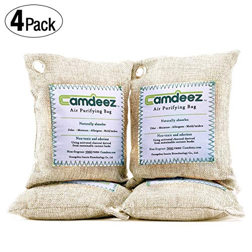 4 Pack Camdeez Natural Air Purifying Bags, Gym Bag & Shoe Deodorizer, Activated Bamboo Charcoal Purifying Bag, Air Freshener, Odor Eliminator, Odor Absorber for Car Pet Litter Fridge Closet 200g x 4 P