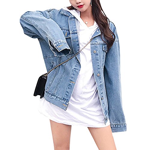Zuozee Jean Jacket Womem, Denim Jacket Men, Boyfriend Jacket Denim Oversized, Pockets Inside - Long Sleeves - Loose Fit - Thumbnail 4