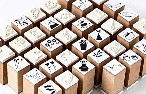 48 Piece Wooden Rubber Stamps, Magnoloran Mini Cute DIY Diary Stamps Set with Storage Box Multipurpose DIY Diary Cards Stamps Craft for DIY Craft Card Making Happy Planner Scrapbooking Supplies