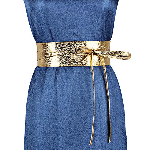 ICSTH Womens Soft Faux Leather Self Tie Wrap Around Obi Waist Band Cinch Belt (dark gold)