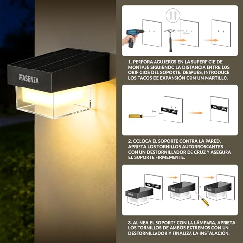 FASENZA Lámpara Solar Exterior: 400 Lúmenes, 3 Tonos de Luz Ajustables 3000K/4500K/6500K, Batería 1800mAh, IP65 Impermeable, para Jardín, Patio, Terraza, Pasillo, Valla, 2 Años de Garantía, 4 Piezas
