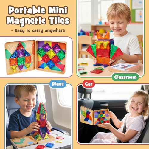 Dreamon 60 PCS Mini Magnetic Tiles Set Travel Magnetic Tiles for Kids with Iron Case Magnetics Blocks Building Toy Christmas Birthday Gift Boys Girls Age 3 4 5 6 7 8 Years