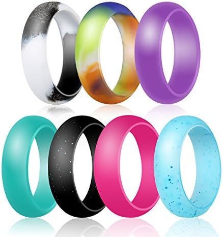 Silicone Ring，Jowwier Silicone Wedding Band for Women - 7 Rings Pack Premium Wedding Bands Engagement Active Athletes Comfortable Fit Non-toxic Antibacterial Silicone Rings (5 color, 9)
