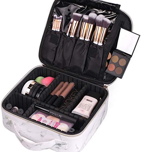 Functional Compartments Cosmetic Makeup Storage Bag Marble Pattern Travel Vanity Brush Case for Women Girl (White Marble)