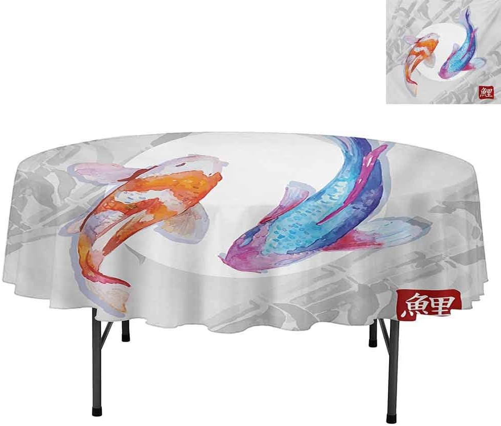 Aishare Store Water Resistant Spill Proof Tablecloths, Watercolor Style Koi Fish Couple Design with Grunge Brus, Tablecloth for Dinner Party Restaurant, Round 70", Blue Orange