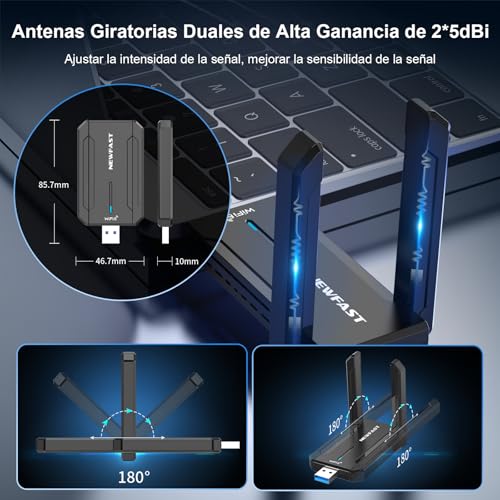 NEWFAST 5400Mbps USB WiFi Adapter for PC WiFi6E Adapter, USB3.0 Wi-Fi 6 for PC 6GHz/5GHz/2.4GHz USB WiFi Antenna Compatible Windows 11/10, MU-MIMO