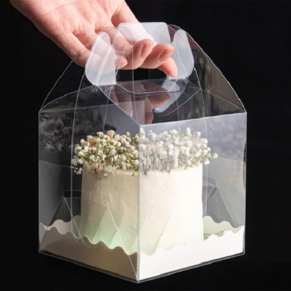 DZOZO 10 Pieces Plastic Clear Cake Box Square 4 Inch Transparent Cake Box Clear Cake Gift Box with Handle and Base Wedding, Birthday Party, Baby Shower Favors
