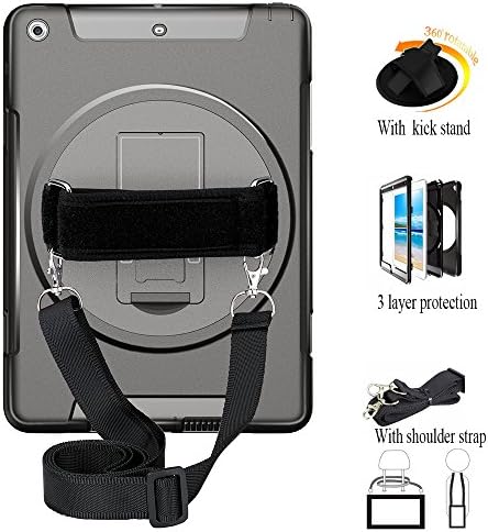iPad 9.7 2018 2017 Case, Multi Functional Heavy Duty Three Layer Rugged Shockproof Protective Case with 360 Degree Swivel Kickstand/Hand/Shoulder Strap for iPad 5th/ 6th Generation iPad, Black