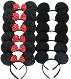 Mickey Mouse Ears Solid Black and Bow Minnie Headband for Boys and Girls Birthday Party or Celebrations (Pack of 6)