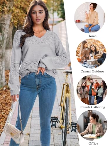 XINWEIZZ SWEATERS FOR WOMEN 2024 CASUAL LONG SLEEVE V NECK SHIRTS LIGHT WEIGHT FALL CROCHET TOPS PULLOVER SWEATERS DARK GREY