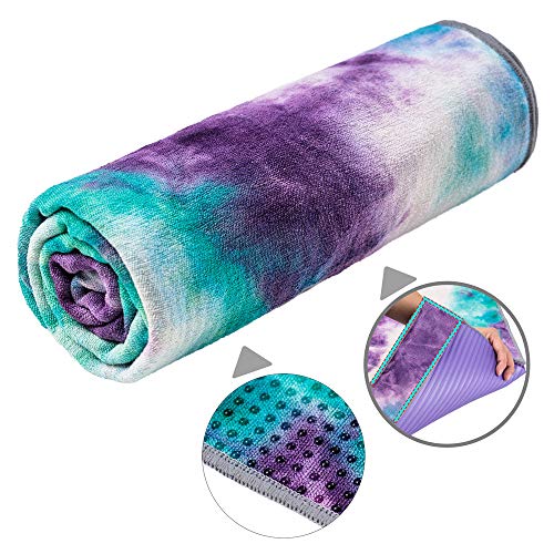 adorence Non Slip Yoga Towel (Upgraded PVC Grippies+Side Pockets) Microfiber Sweat Absorbent & Quick Dry Mat Towel – Ideal for Hot Yoga, Pilates and Workout
