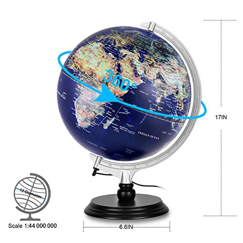 12 Inch Illuminated World Globe, Raised Relief Topographical Globe, Built-in LED Light for Night View, Magnifying Glass, Wood Stand for Learning Education Teaching Demo Home Office Desk Decoration