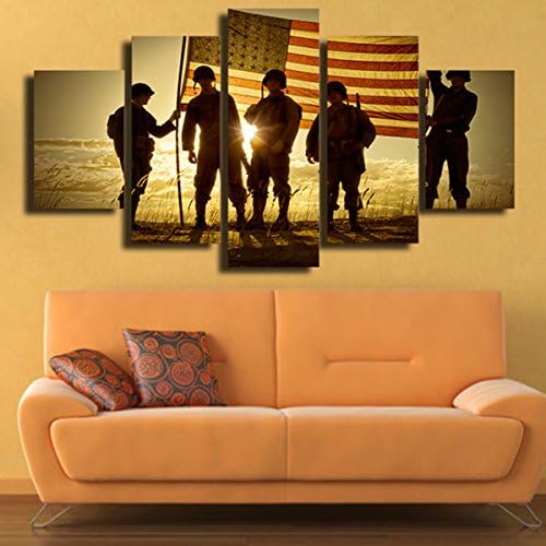 Soldiers sunset Militarythe New World American flag canvas print art home decor for living room wall art contemporary pictures 5 panel large poster HD printed painting Framed Ready to hang