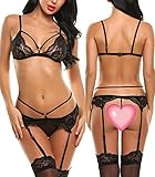 Avidlove Women's Sexy 2 Piece Lingerie Set Lace Open Cup Bra Babydoll Bodysuit Black S