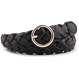 AYA Women's Braided Leather Belt | Skinny, Waist Belt for Dresses, Jeans & Skirts | O-Ring Golden Buckle Fashion Women’s Belt