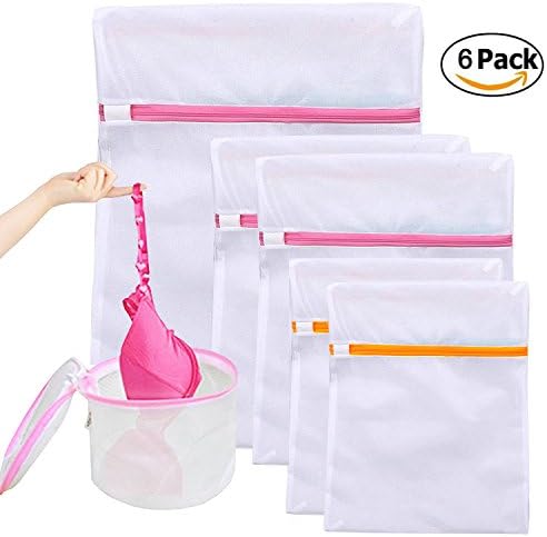 Mesh Laundry Bags, Travel Laundry Bag  for Laundry, Blouse, Sweater, Coat, Hosiery, Pants, Stocking, Underwear, Bra and Lingerie, Set of 6 (1L+2M+2S&amp;Bra Bags), White