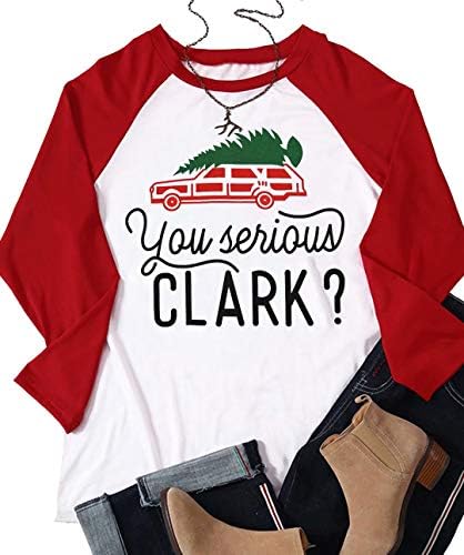 Christmas You Serious Clark T-Shirt Women Santa Hat Graphic Christmas Shirt 3/4 Raglan Sleeve Plus Size Baseball Tees Top