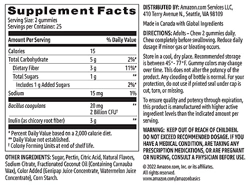 AMAZON BRAND – SOLIMO PREBIOTIC & PROBIOTIC GUMMIES, 2 BILLION CFU, BLUE RASPBERRY, 50 COUNT (2 PER SERVING)