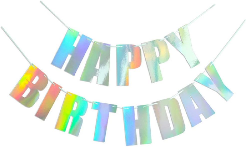 Holographic Happy Birthday Sign, Iridescent White Hanging Banner, Bunting String Flag Garland for Party Decorations